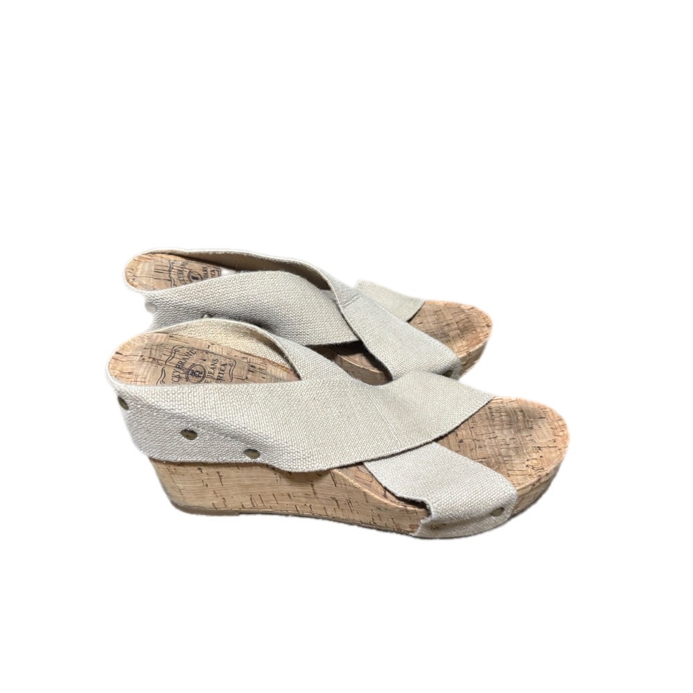 Lucky Brand Wedge Sandals Womens Beige Excellent Canvas Cork Straps Studded 7.5